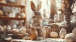 Bunny sculpting Easter eggs from clay, artisan watercolors, side angle, soft studio lighting
