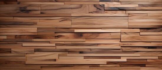 Wall Mural - A closeup shot of a brown hardwood plank wall with a blurred background. The wood stain gives it a beige hue, showcasing the beauty of the lumber