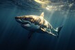 A great white shark, a vertebrate from the Lamnidae family of sharks in the order Lamniformes, is gracefully swimming in the liquid environment of the ocean