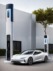 Wall Mural - A modern sports white electric car of the future is being charged at a charging station