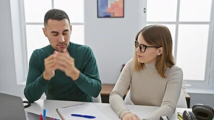 Wall Mural - A man and a woman engage in a discussion at a modern office, showing cooperation and professionalism.