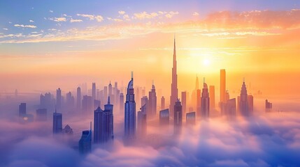 Dubai's city center skyline is shown at sunrise, featuring its luxurious skyscrapers and highlighting the city's architectural splendor