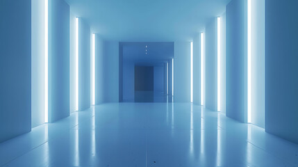 Poster - an empty room with soft blue walls illuminated by evenly spaced vertical lights.