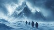 Penguins walking in snow with mountain backdrop, under cloudy sky