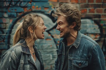 Canvas Print - A man and a woman are arguing in front of a graffiti wall