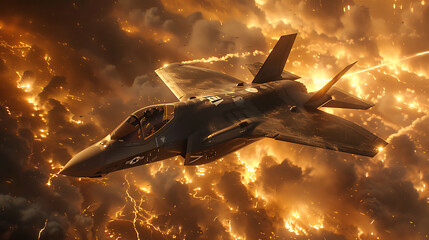 Jet fighters F-35 Lightning II engaged in battle and flying above the warzone