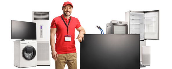 Canvas Print - Appliance store manager with a flat tv screen and other electrical appliances