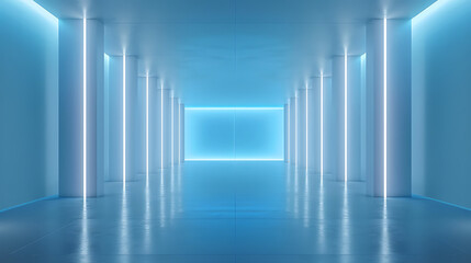 Sticker - an empty room with soft blue walls illuminated by evenly spaced vertical lights.