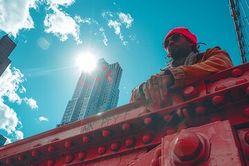 Wall Mural - A man in a red hat is leaning on a red metal structure under an electric blue sky, with skyscrapers in the background. He seems to be having fun admiring the city skyline