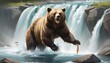 A Bear Catching Fish In A Rushing Waterfall
