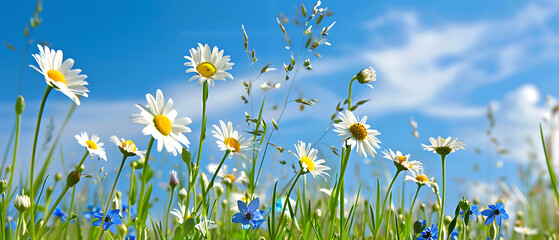 Wall Mural - a vibrant field of wildflowers beneath a clear blue sky.