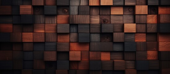 Poster - A closeup of a wooden cube wall with brown tints and shades, creating a pattern similar to brickwork. The building material adds warmth to the space