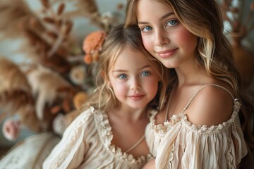 Two young girls with blonde hair are happily posing for a picture together at a fun event. They are both smiling and wearing colorful sleeves. One toddler and one child are showing off their art