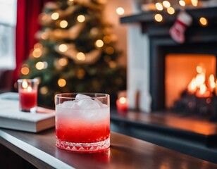 Wall Mural - Red Wine with Ice and a Book on an Open Fireplace
