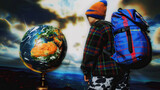 Fototapeta  - Dreamy Wanderlust: Traveler with Backpack and Vintage Globe in Soft Focus Background