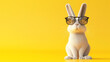 realistic white rabbit wearing glasses facing at the camera, yellow wall background