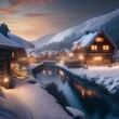 A snow-covered village twinkling with lights, nestled in a frosty valley2