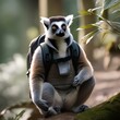A lemur wearing a backpack and hiking boots, trekking through a forest1