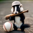 A skunk wearing a baseball cap, holding a bat and ball1