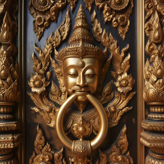 Wall Mural - golden door knocker  temple, art, gold, asia, religion, thailand, thai, door, sculpture, statue, ancient, decoration, architecture, culture, buddhist, carving, golden,Ai generated 