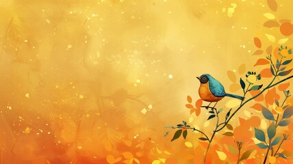 Wall Mural - An illustrated image of a small bird perched on branch among orange foliage with warm, golden background.