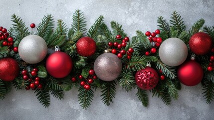 Wall Mural - Festive Christmas Border with Red and Silver Balls Hanging in Fir Garland