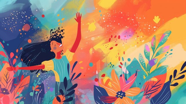 A vibrant illustration of a person with arms outstretched among stylized plants colorful, splattered background.