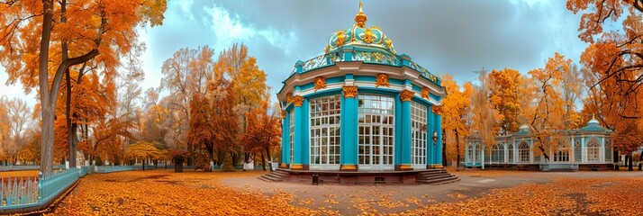 Aufkleber - A peaceful scene unfolds as a striking blue building stands amidst a lush canopy of trees, creating a serene oasis of calm and beauty