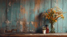 A Rustic Floral Arrangement On A Wooden Table Against Distressed Turquoise Wall.