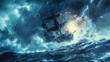 A fantasy sling ship on stormy ocean with big wave