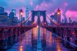 A violet bridge spans over the water, city buildings in the dusk sky. Purple clouds paint the horizon in a world of serene beauty