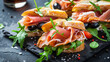 Prosciutto di parma ham, blue cheese, olives and salmon sandwiches. Generative Ai