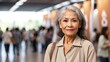© Arceli - Beautiful elderly filipina woman on work fair in exhibition hall job hunting looking at camera banner copy space template backdrop portrait from Generative AI