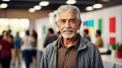 Wall Mural - Handsome elderly mexican man on work fair in exhibition hall job hunting looking at camera banner copy space template backdrop portrait from Generative AI