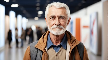 Wall Mural - Handsome elderly russian man on work fair in exhibition hall job hunting looking at camera banner copy space template backdrop portrait from Generative AI