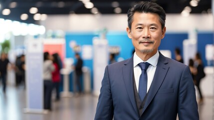 Wall Mural - Handsome middle aged chinese man on work fair in exhibition hall job hunting looking at camera banner copy space template backdrop portrait from Generative AI