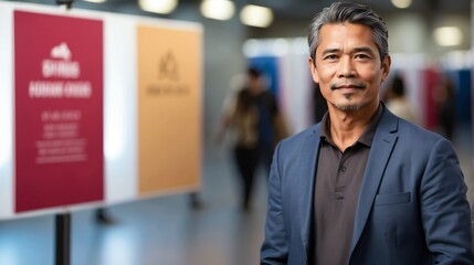 Wall Mural - Handsome middle aged filipino man on work fair in exhibition hall job hunting looking at camera banner copy space template backdrop portrait from Generative AI