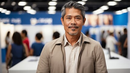 Wall Mural - Handsome middle aged filipino man on work fair in exhibition hall job hunting looking at camera banner copy space template backdrop portrait from Generative AI