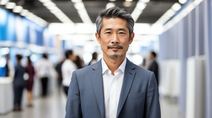 Wall Mural - Handsome middle aged japanese man on work fair in exhibition hall job hunting looking at camera banner copy space template backdrop portrait from Generative AI