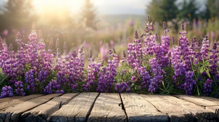 Poster - A wooden table displays a vibrant array of purple flowers, creating a charming and picturesque scene