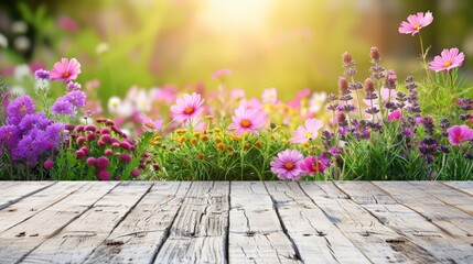 Poster - A wooden table adorned with a colorful array of blooming flowers, creating an enchanting and vibrant display