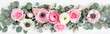 Floral banner. Pink and white flowers with eucalyptus leaves. Roses, ranunculus, anemones and green foliage