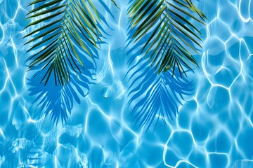 Poster - A serene pool glistens with blue water, surrounded by vibrant green palm leaves swaying in the gentle breeze, creating a peaceful oasis
