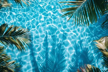 Poster - A serene oasis featuring a glistening pool surrounded by lush palm trees under a clear blue sky