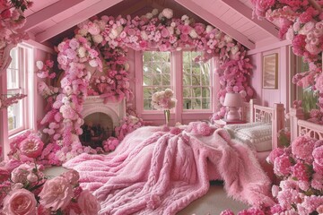 Poster - A cozy bedroom adorned with delicate pink flowers on the walls, creating a serene and whimsical atmosphere