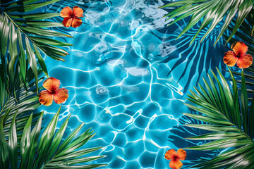 Wall Mural - A tranquil pool adorned with vibrant flowers and lush palm leaves, creating a serene oasis of beauty and relaxation