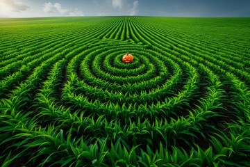 Wall Mural - Aerial view of a vibrant green circular crop field with a single pumpkin in the center