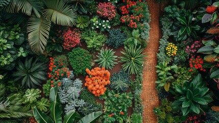 Aufkleber - Lush garden filled with a variety of plants stretching as far as the eye can see, creating a vibrant and colorful tapestry of blooming flowers and green foliage