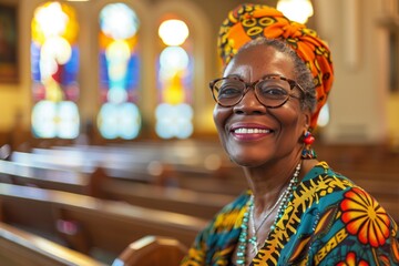 Wall Mural - Mature elderly black African American woman smiling at church