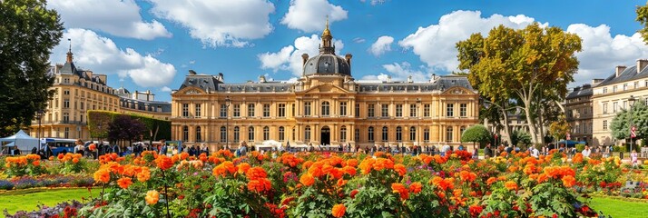Poster - A grand building standing tall amidst a vibrant display of colorful flowers of various shapes and sizes in full bloom